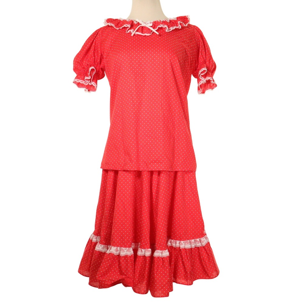 Vtg 50s Style Skirt Set Polka Red Dot Ruffle Peter Pan Collar Lace Trim USA S